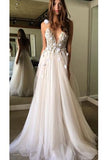 Floral Open Back Deep V-neck Straps Tulle Appliques Prom Dress,, Floral Princess Wedding Dress GY182