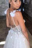 Floral Open Back Deep V-neck Straps Tulle Appliques Prom Dress,, Floral Princess Wedding Dress