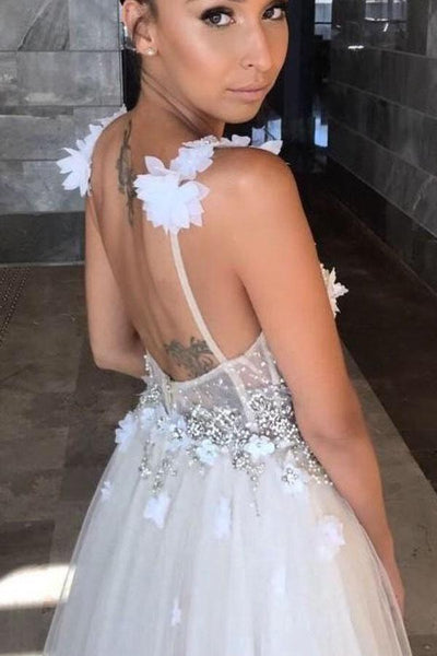 Floral Open Back Deep V-neck Straps Tulle Appliques Prom Dress,, Floral Princess Wedding Dress