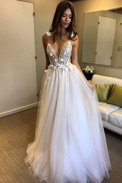 Floral Open Back Deep V-neck Straps Tulle Appliques Prom Dress,, Floral Princess Wedding Dress