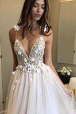 Floral Open Back Deep V-neck Straps Tulle Appliques Prom Dress,, Floral Princess Wedding Dress