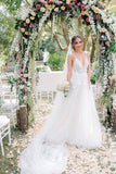 Floral Open Back Deep V-neck Straps Tulle Appliques Prom Dress,, Floral Princess Wedding Dress