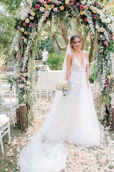 Floral Open Back Deep V-neck Straps Tulle Appliques Prom Dress,, Floral Princess Wedding Dress