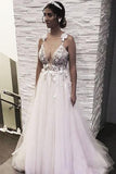 Floral Open Back Deep V-neck Straps Tulle Appliques Prom Dress,, Floral Princess Wedding Dress