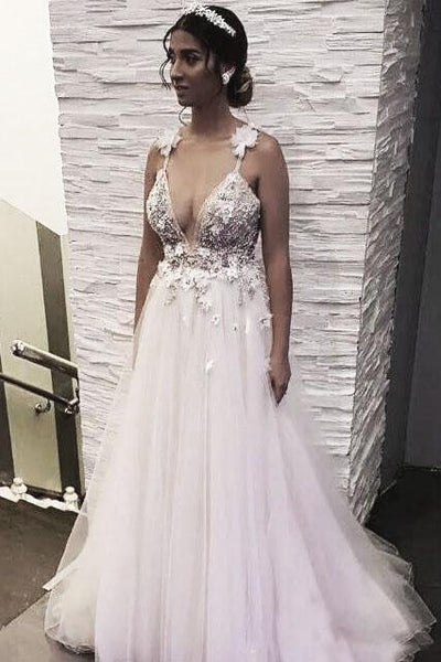 Floral Open Back Deep V-neck Straps Tulle Appliques Prom Dress,, Floral Princess Wedding Dress