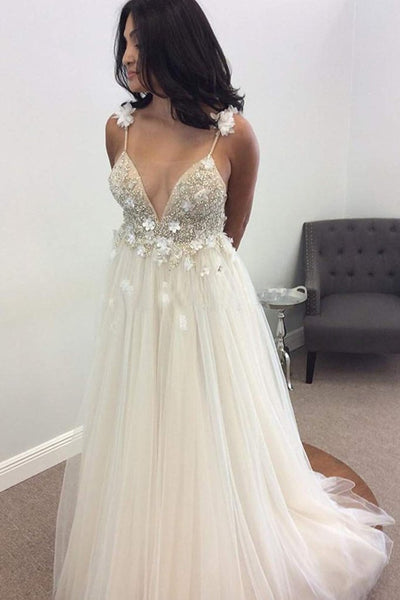 Floral Open Back Deep V-neck Straps Tulle Appliques Prom Dress,, Floral Princess Wedding Dress