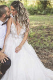 Floral Open Back Deep V-neck Straps Tulle Appliques Prom Dress,, Floral Princess Wedding Dress