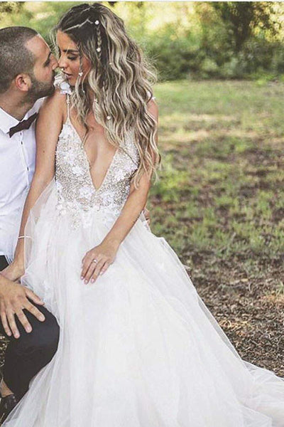 Floral Open Back Deep V-neck Straps Tulle Appliques Prom Dress,, Floral Princess Wedding Dress