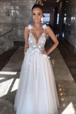 Floral Open Back Deep V-neck Straps Tulle Appliques Prom Dress,, Floral Princess Wedding Dress