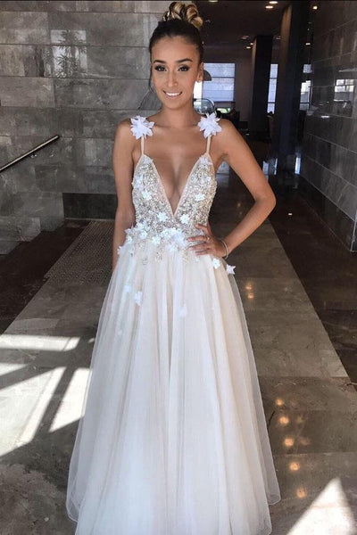 Floral Open Back Deep V-neck Straps Tulle Appliques Prom Dress,, Floral Princess Wedding Dress