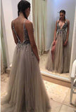 Backless Rhinestone tulle Deep V-neck Sexy prom dress online, Long Split Prom Dress GY183