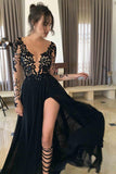 A-line Black Long Sleeve Chiffon Split Lace Prom Dress,2017 Sexy Long Evening Dresses  GY184