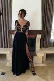 A-line Black Long Sleeve Chiffon Split Lace Prom Dress,2017 Sexy Long Evening Dresses 