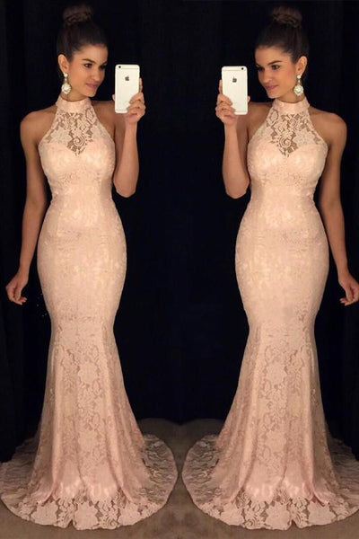 New Arrival Pink Lace High Neck Mermaid Prom Dresses  GY186