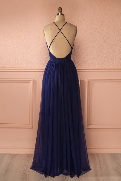 Sexy Navy V Neck Backless Prom Dress, Simple Long Evening Dress For Woman 