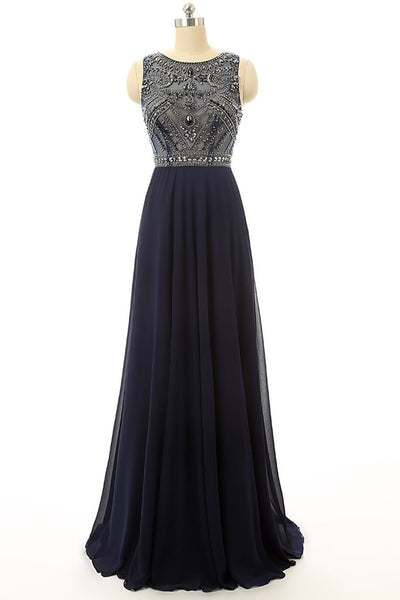 Cheap Prom Dress Navy Blue Beaded Long Graduation Dresses GY190