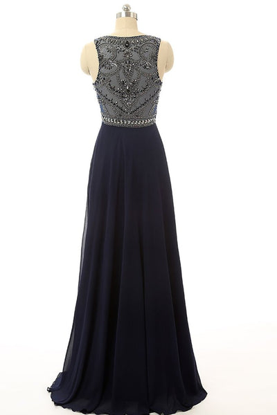 Cheap Prom Dress Navy Blue Beaded Long Graduation Dresses