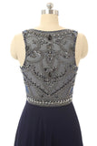 Cheap Prom Dress Navy Blue Beaded Long Graduation Dresses