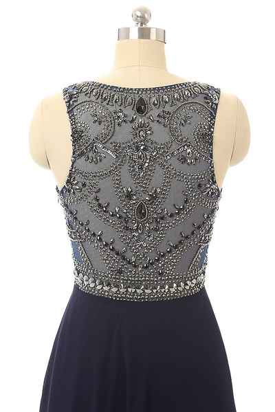 Cheap Prom Dress Navy Blue Beaded Long Graduation Dresses