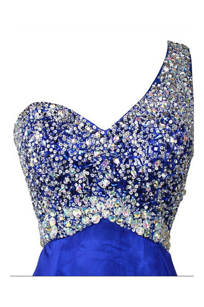 Royal Blue Beaded One Shoulder Long Prom Party Dresses 
