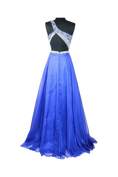 Royal Blue Beaded One Shoulder Long Prom Party Dresses 