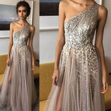 One Shoulder Tulle A Line Shinning Side Split Elegant Long Prom Dresses 