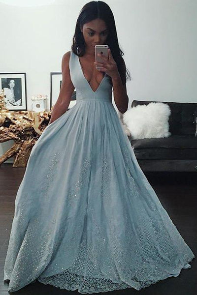 Fashion Light Blue A-line V Neck Long Prom Dresses With Lace Appliques  GY195