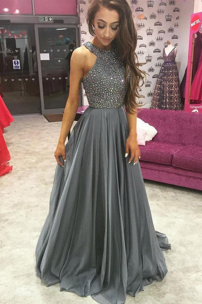 O-Neck Beading A-Line Long Cheap Prom Dresses,Grey Evening Dress For Women GY198