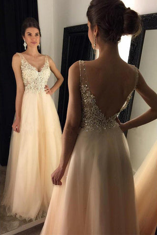 2018 V-Neck Beaded Long A-line Tulle Backless Prom Dresses With Appliques  GY199