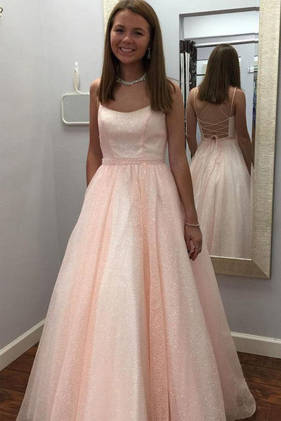 Glitter A-Line Lace-Up Pink Long Prom Dress, Evening Dress SJ211053