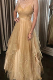 Gold Champagne Tulle Spaghetti Straps V Neck Open Back Long Prom Dress PDA543 | ballgownbridal