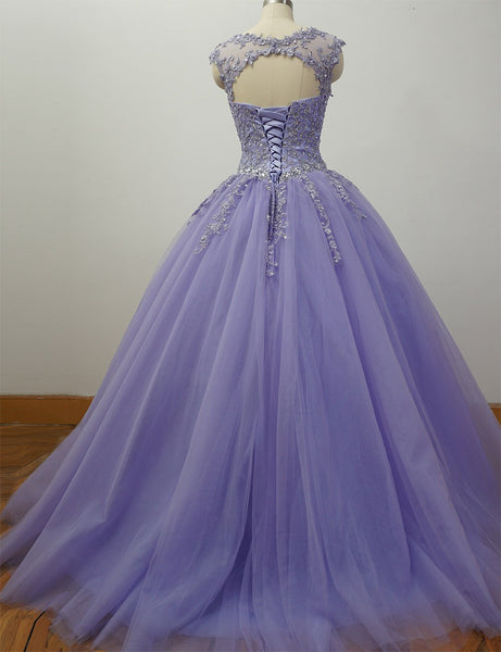 Cap Sleeves lace Appliqued Lavender Ball Gown Long Prom Dresses With Beadings SJ211142