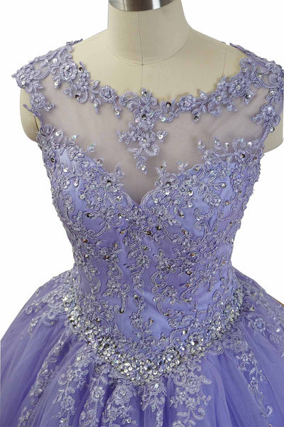 Cap Sleeves lace Appliqued Lavender Ball Gown Long Prom Dresses With Beadings SJ211142