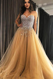 Gorgeous Sweetheart Champagne Tulle Sweep Train Prom Evening Dresses with Beading ODA017 | ballgownbridal