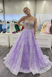Spaghetti Straps Sweetheart Neck Purple Lace Long Prom Dress With Beadings SJ211150