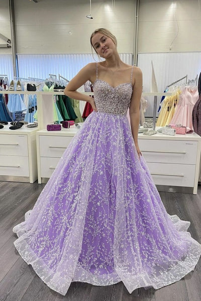 Spaghetti Straps Sweetheart Neck Purple Lace Long Prom Dress With Beadings SJ211150