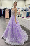 Spaghetti Straps Sweetheart Neck Purple Lace Long Prom Dress With Beadings SJ211150