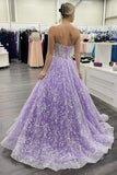 Spaghetti Straps Sweetheart Neck Purple Lace Long Prom Dress With Beadings SJ211150