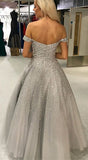 Off Shoulder Silver Grey Sequins Long Prom Dresses,  Evening Dresses SG2815