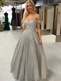 Off Shoulder Silver Grey Sequins Long Prom Dresses,  Evening Dresses SG2815