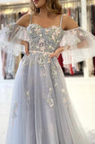 A-Line Tulle Spaghetti Straps  Long Prom Dress With Lace, Evening Gress SJ211104