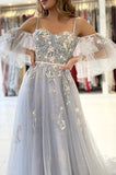 A-Line Tulle Spaghetti Straps  Long Prom Dress With Lace, Evening Gress SJ211104