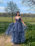 Gray Blue V-neck Tulle Lace Appliques Long Prom Dress DY4523