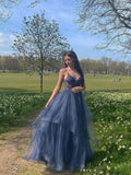 Gray Blue V-neck Tulle Lace Appliques Long Prom Dress DY4523