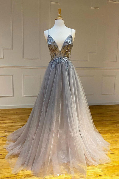 Gray V-neck Tulle Long Prom Dress Gray Tulle Formal Dress KL1459