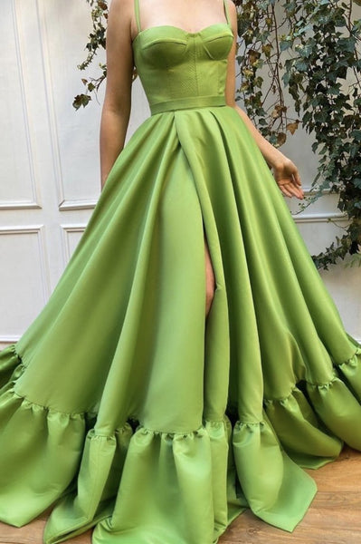 A-Line Green Stain Spaghetti Straps Long Prom Dress, Evening Dress SJ211105