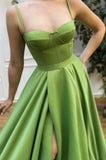 A-Line Green Stain Spaghetti Straps Long Prom Dress, Evening Dress SJ211105