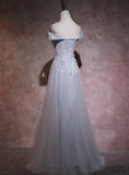 Grey Tulle Off-The-Shoulder Long Prom Dress, Evening Dress SJ211040