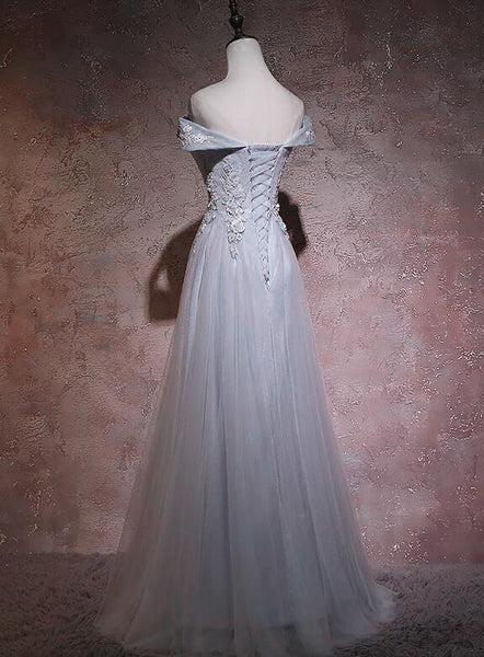 Grey Tulle Off-The-Shoulder Long Prom Dress, Evening Dress SJ211040