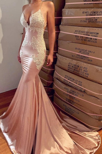 Mermaid Pink Spaghetti Straps Appliques Evening Dresses FN8460